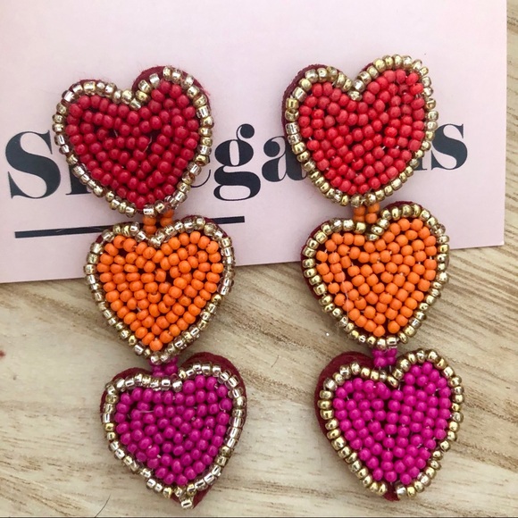New! Beaded Heart Earrings Red Orange Pink - Picture 4 of 8